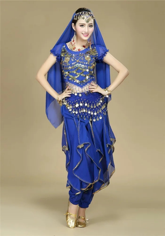 Профессиональный Египетский Танец живота платье одежда танец живота женщина Болливуд брюки для женщин платья Костюмы взрослый костюм набор - Цвет: Blue 4pcs