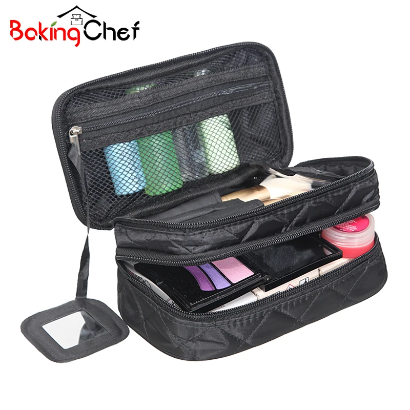 

BAKINGCHEF Diamond Lattice Double Layer Cosmetic Bags With Mirror Travel Functional Makeup Pouch Toiletry Cases Box Accessories