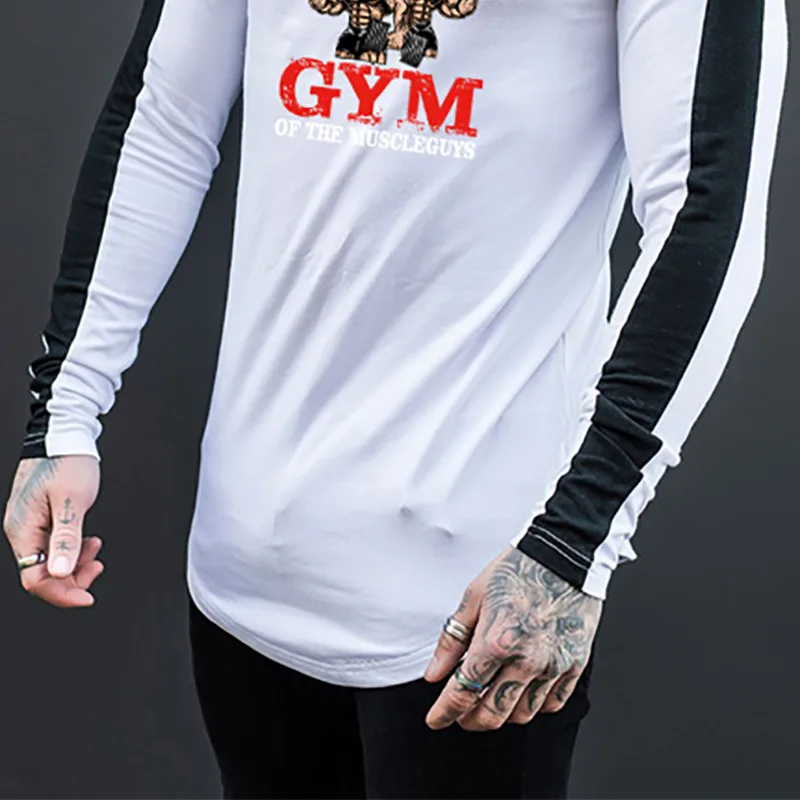 Мужские футболки для бега с круглым принтом, быстроохлаждаемая тренировочная футболка с длинными рукавами, быстросохнущие спортивные