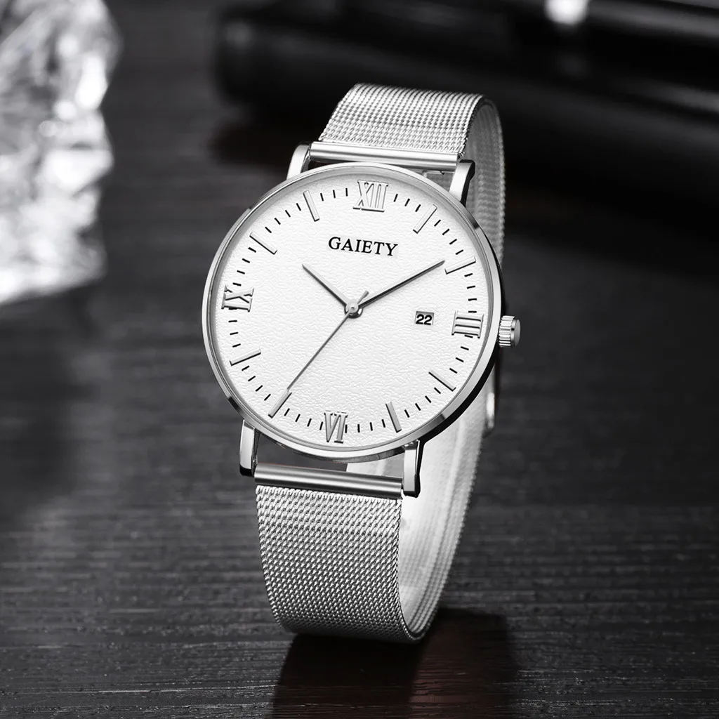 

Casual Fashion Men Watch Calendar Business Mesh Strap Pin Buckle Simple Men's Clock Round Quartz Wrist Watches relogio masculino