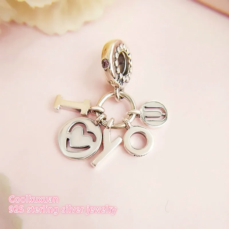 

Valentine's Day 925 Sterling Silver I Love You Dangle Charm, Fancy Fuchsia Pink CZ Charms Beads Fit Pandora Charms Bracelet