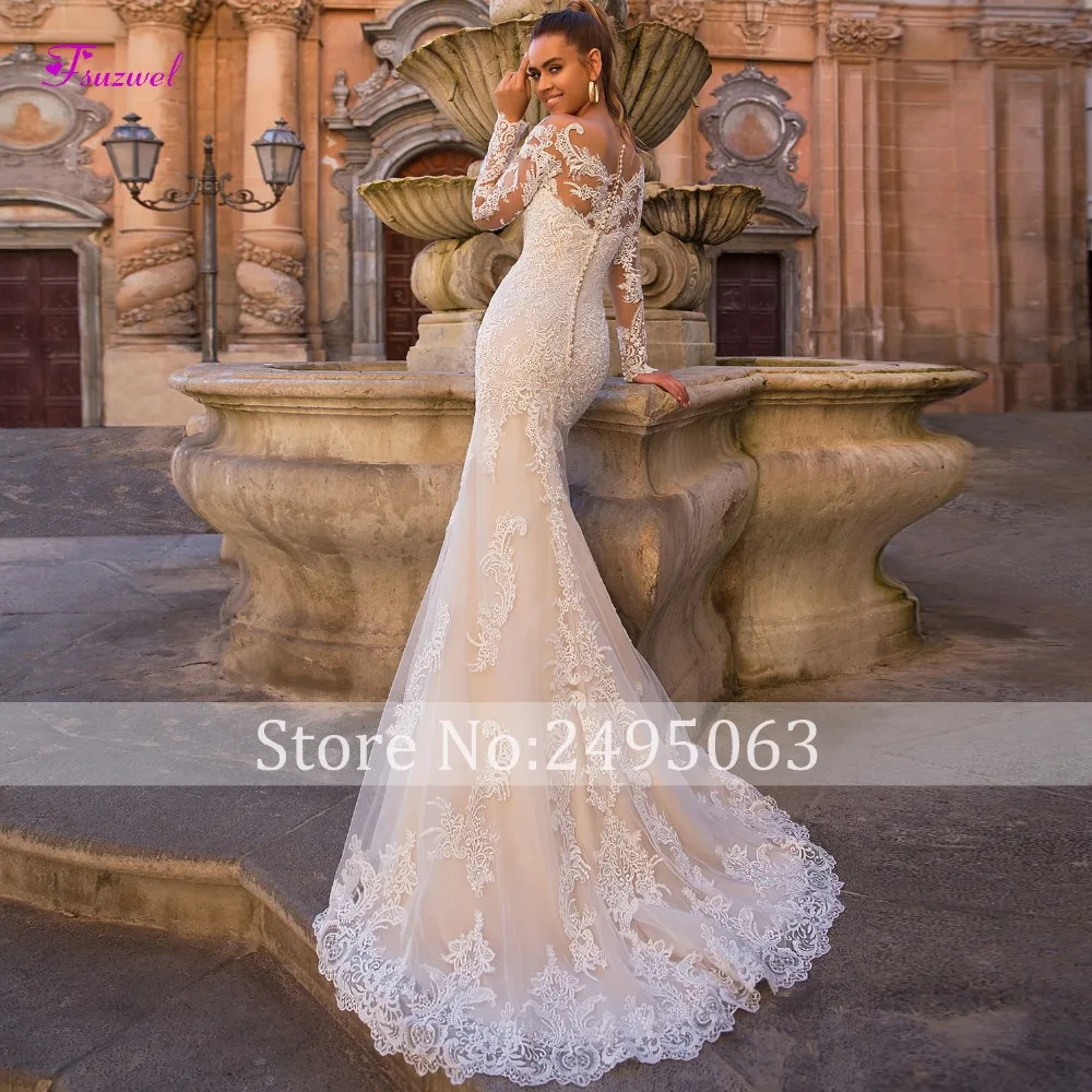 Fsuzwel Gorgeous Appliques Detachable Train Mermaid Wedding Dress 2022 New Arrival Boat Neck Long Sleeves Bridal Gown Plus size summer wedding guest dress