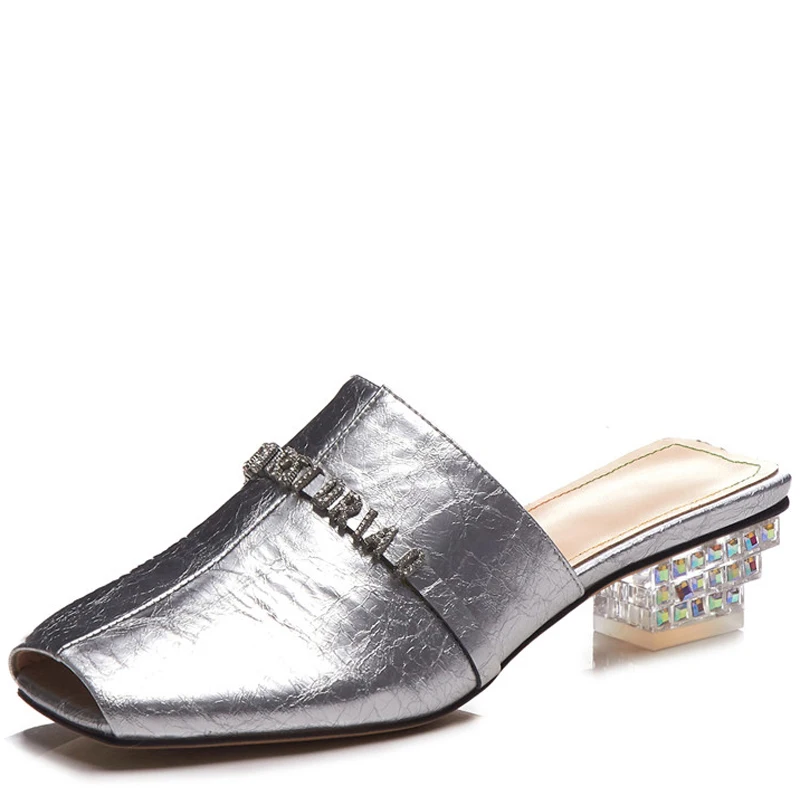 

YECHNE Silvery Women's Summer Slippers Woman Sexy Sandbeach Crystal Slippers Genuine Leather High Heels Party Wedding Slides