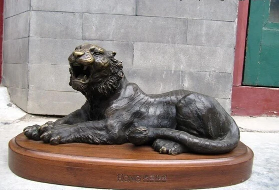 

USPS to USA S0166 Chinese Pure Copper Bronze catamount panther Tiger on base Cheetah wood Statue B0401