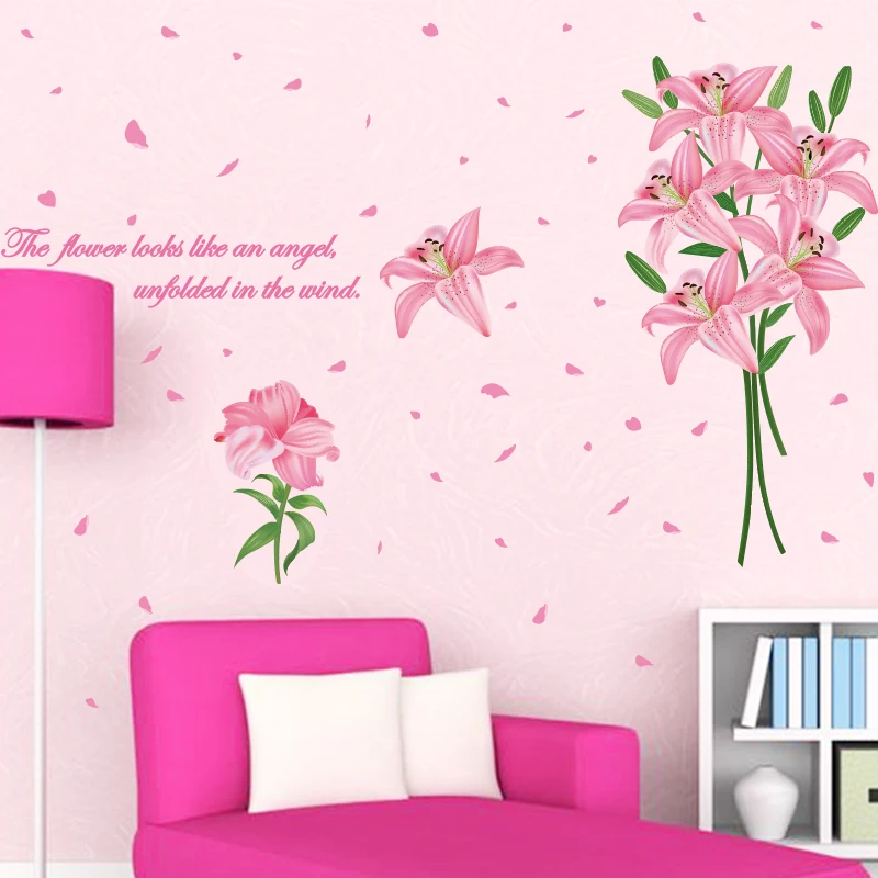 shijuehezi pink color lily flowers wall sticker pvc material plant