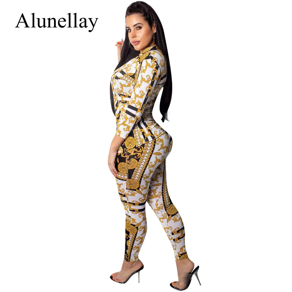Alunellay Women 2 Piece Sets Printed Jumpsuit Wrist Sleeve Button Notched Collar Slim Bodycon Jumpsuit Women Sexy Club Playsuit
