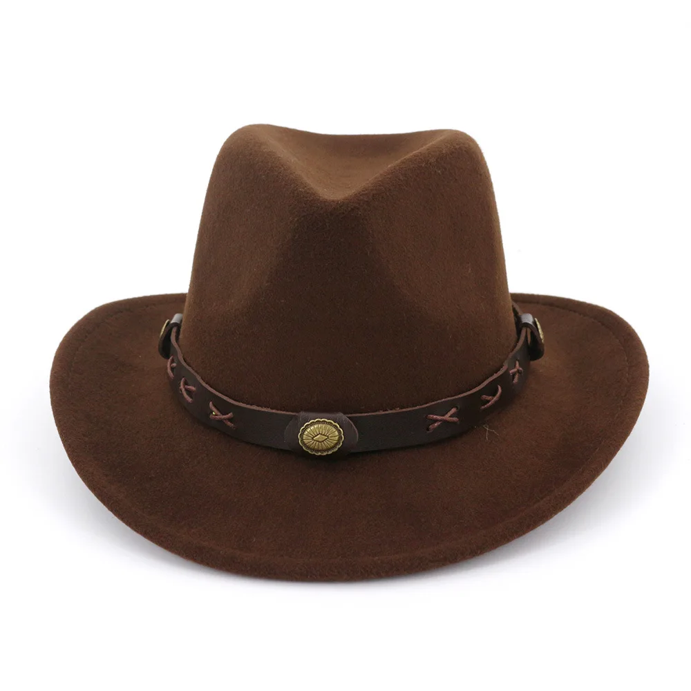 

PU Leather Band Felt Western Cowboy Hat Solid Imitation Wool Fedoras Tourist Cap Outdoor Jazz Caps Gorras