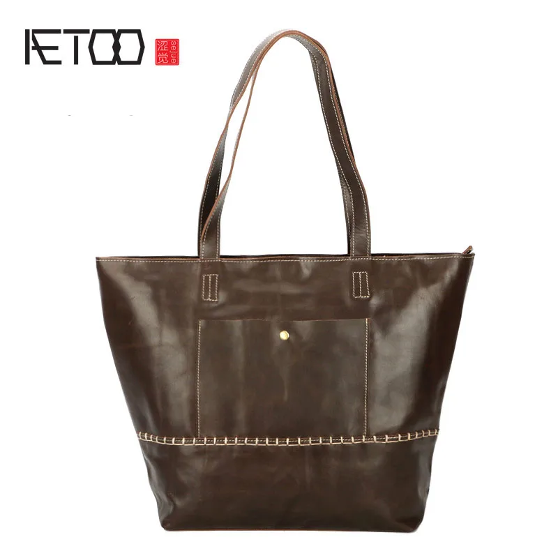 

BJYL The new first layer of leather handbags leather fashion shoulder bag Europe and the United States big tote bag retro handb
