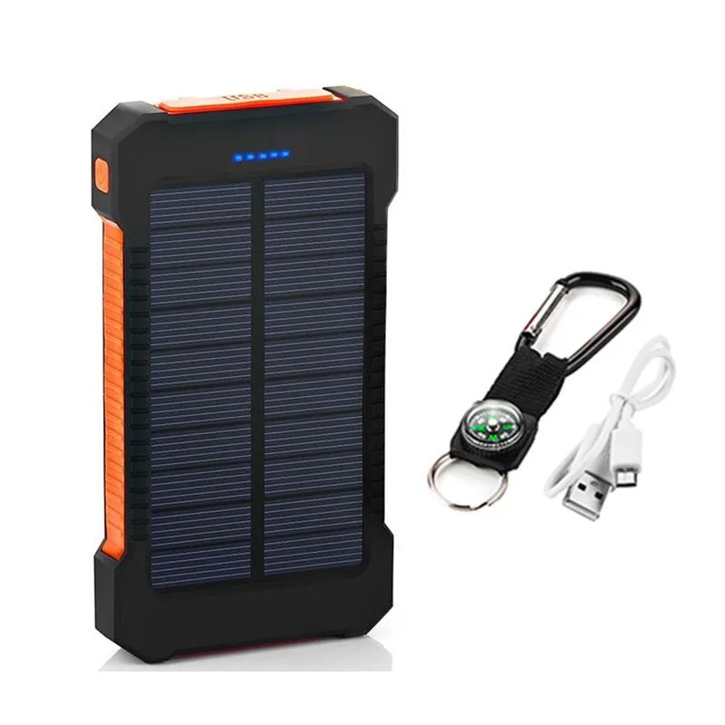 Портативный солнечный внешний аккумулятор, водонепроницаемый 10000 мАч, солнечная батарея, двойное USB зарядное устройство, внешний аккумулятор, зарядное устройство с компасом, светодиодный светильник - Цвет: Orange
