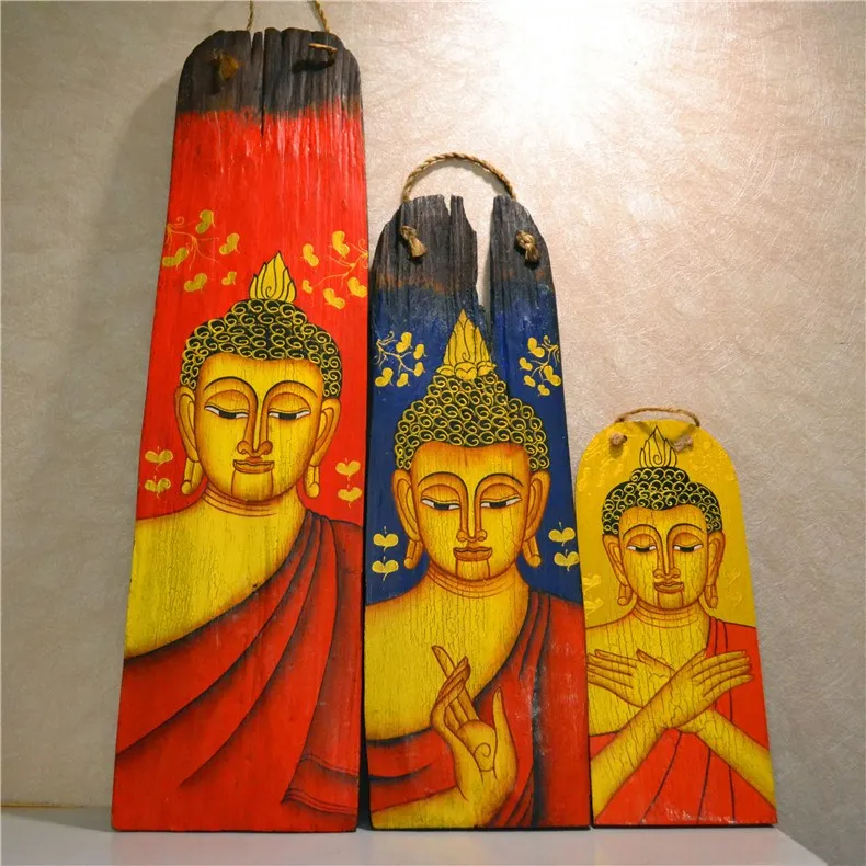 

Hand painted wooden Home hotel room retro wall decoration plaques signs pendant Thai Buddha hanging plate creative vintage gift