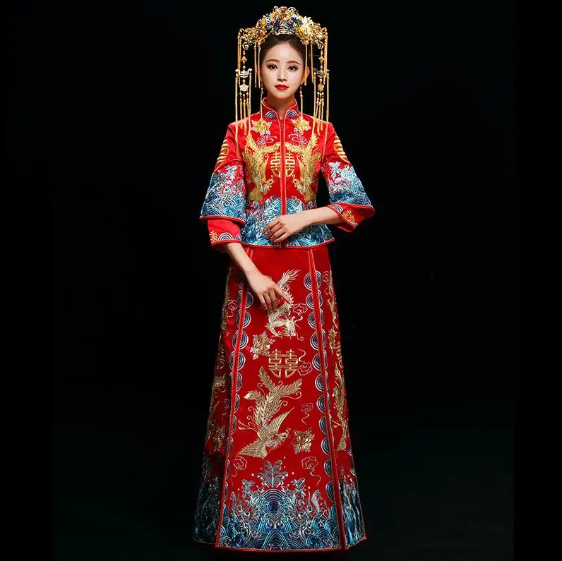 Красный китайский стиль свадебные свадебное платье Дракон и Феникс загрузки для мужчин женщин традиционные Hanfu вышивка древний костюм - Цвет: red dress
