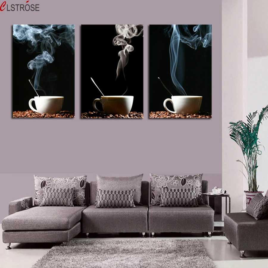 

CLSTROSE 3 Panels Modern Abstract Printed Coffee Paintings Canvas Art Coffee Cup Smoke Wall Pictures For Living Room Kitchen