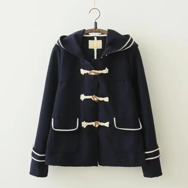 

High quality women horn button sweet preppy style woolen Jackets winter female navy style Japan student Teens navy blue coat