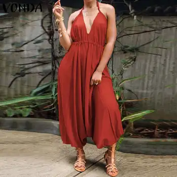 

VONDA Women Sexy Rompers Sleeveless Jumpsuit Rayon Casual Loose Backless Playsuit 2019 Summer Bohemian Overalls Plus Size S-5XL