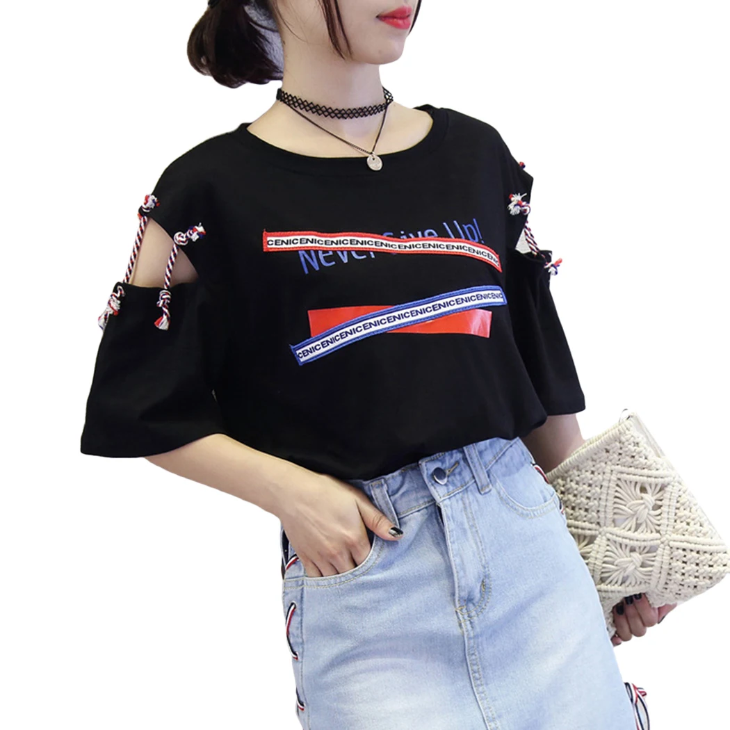 

Letter Printed Tops Women T-Shirt Sexy Hollow Out Half Sleeve Loose T Shirt Ladies Casual Summer Tee Shirt Streetwear Vintage