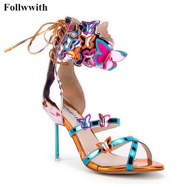 Fashion Colorful Butterfly Ankle Strap Sandals Appliques Metallic Leather Turquoise Strappy High Heel Shoes Lace Up Woman Sandal - Цвет: as pic