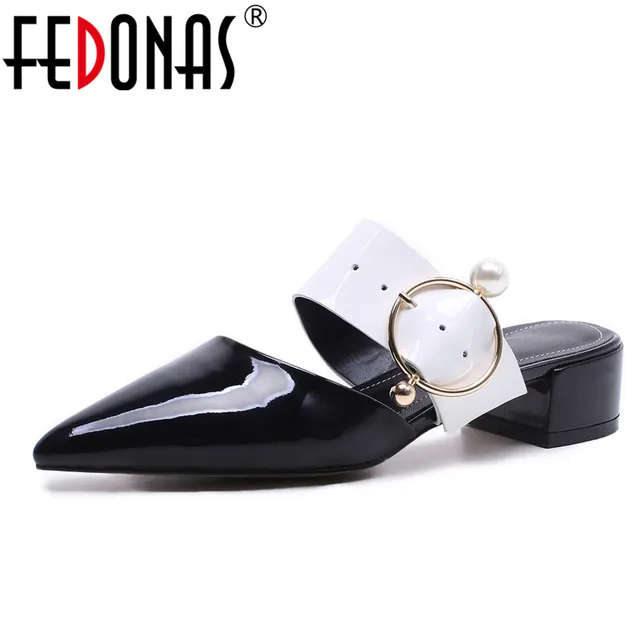 FEDONAS Fashion Thick High Heel Close Toe Sandals Real Genuine Leather Buckles Pointed Toe Summer Shoes Woman Ladies Sandals