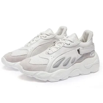 

Genuine Leather + Mesh Women's Platform Dad Sneakers 2018 Fashion Women Flat Walking Shoes Woman Casual Footwear
