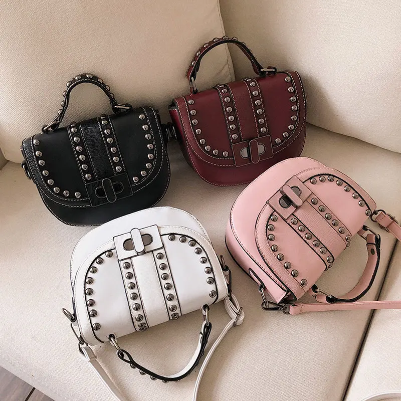 

2019 Brand Fashion Women Cool Rivet Black PU Leather Saddle Bags Shoulder Bag Purses and Handbags Crossbody Bags for Women B044