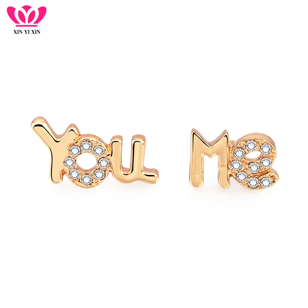 

New Fashion Cute Alloy and Czech Drill English Letter You Me For Girl Women Charm Tiny Rose Gold/Gold/Silver Birthday Party Gift
