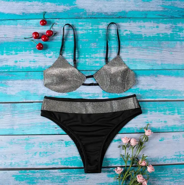 Swimsuit with rhinestones bikinis 2019 woman black bikini high waist