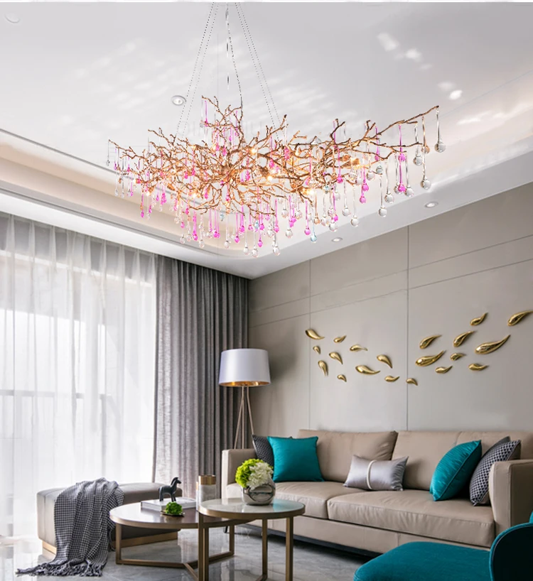 

Phube Lighting Large Branches Crystal Chandeliers Light Water Drops Chandelier Light Colored Glazed Salon Copper Chandelier