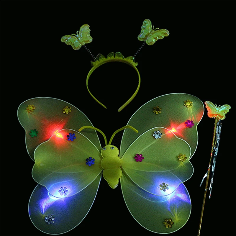 

New 3 pcs 1 Set Girls Led Flashing Light Fairy Butterfly Wing Wand Headband Costume Kids Toys For Children Playing Drop Shipping