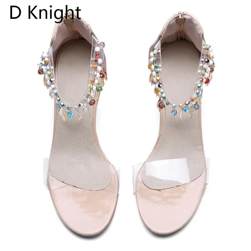 Bohemian Women Transparent Sandals Patent Ankle Strap Female Beads Heels Nude Black High Heeled Sandal Summer Shoes Ladies Woman (1)