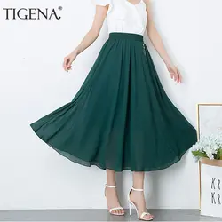 Tigena 2019 летняя модная юбка Женская Корейская Высокая талия плиссированная длинная Макси юбка Женская Красная Зеленая шифоновая пляжная