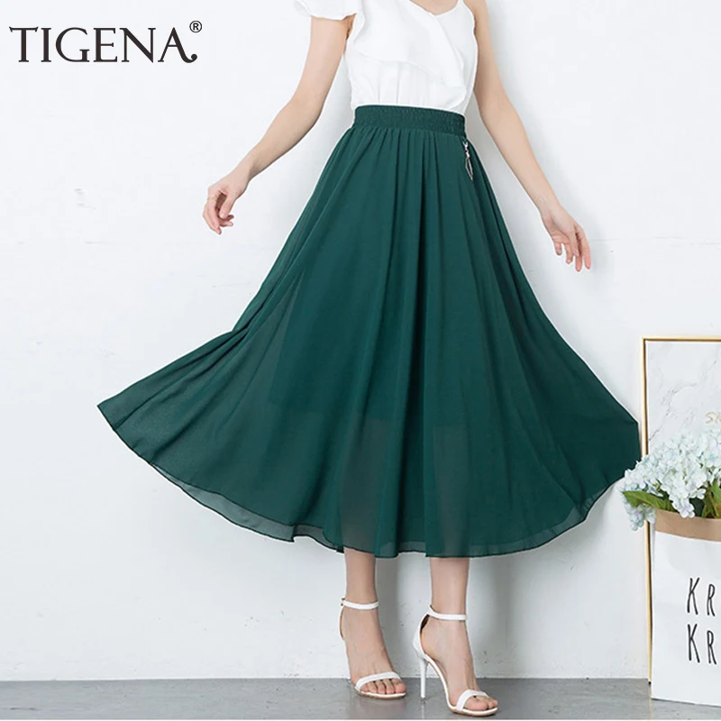 

TIGENA 2019 Summer Fashion Skirt Women Korean High Waist Pleated Long Maxi Skirt Female Red Green Chiffon Beach Sun Skirt Ladies