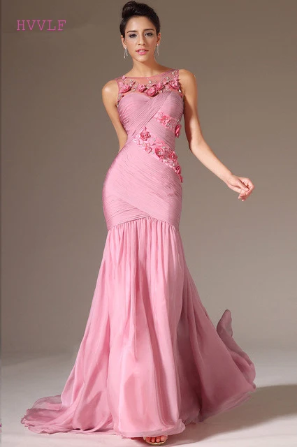 

Pink Evening Dresses 2019 Mermaid Floor Length Chiffon Flowers Beaded Plus Size Long Evening Gown Prom Dresses Robe De Soiree