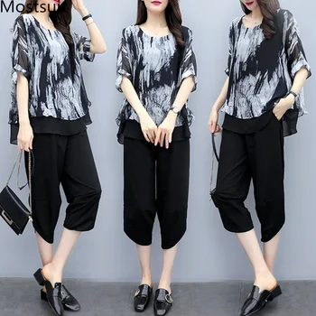 

L-5xl Plu Size Summer Printed Vintage Two Piece Sets Women Short Sleeve Tops And Pants Suits Casual Office Elegant Korean Sets