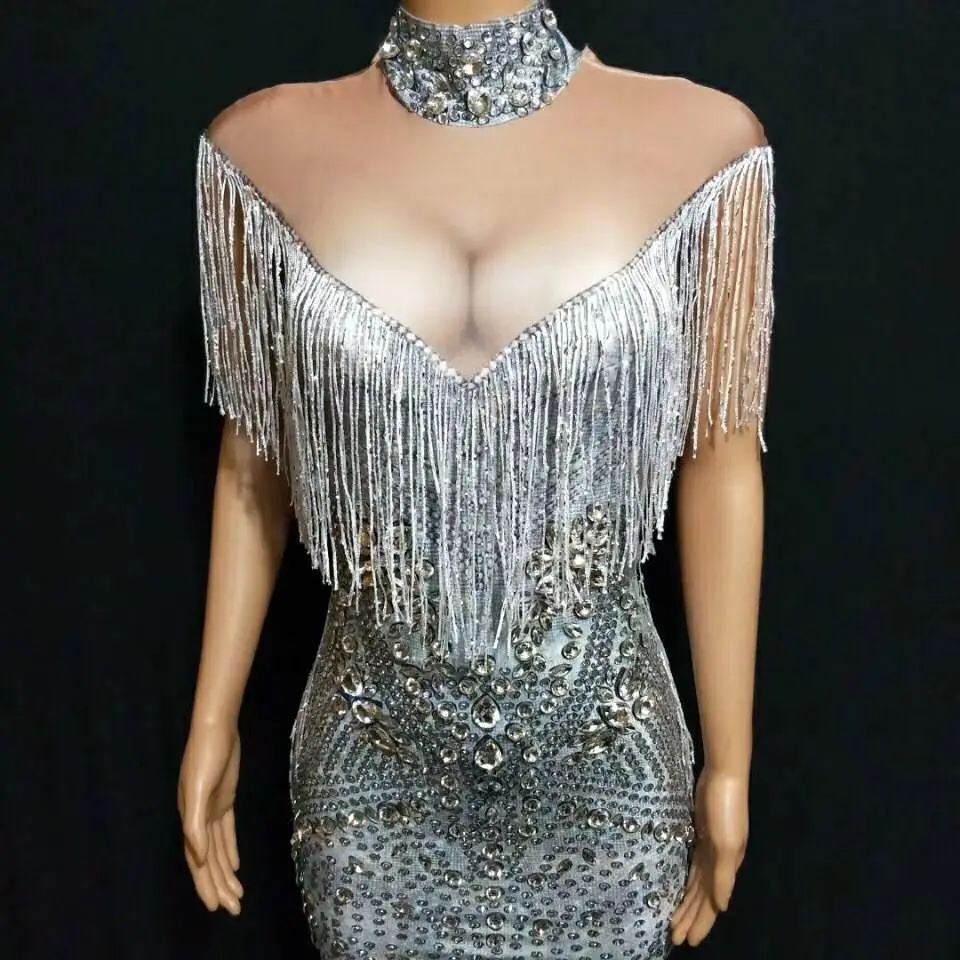 high elastic Sexy Women Crystals Diamonds Tassel costume Elegant Celebrity Evening Party