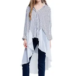 Осень в западном стиле Модные свободные в стиле пэчворк в полоску длинные рукава SML XL XXL Женские Повседневное длинная рубашка леди