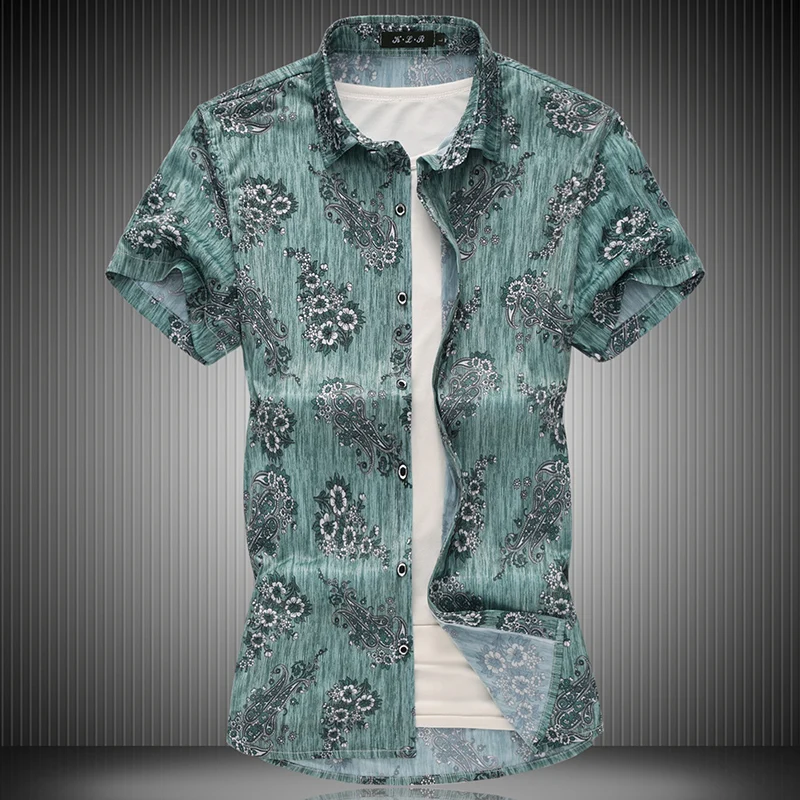 

Green Men's Shirts 2019 Elastic Feeling High Quality Mercerized Cotton Floral Short Sleeve Shirts Big Size 7XL 4XL 5XL 6XL #9992