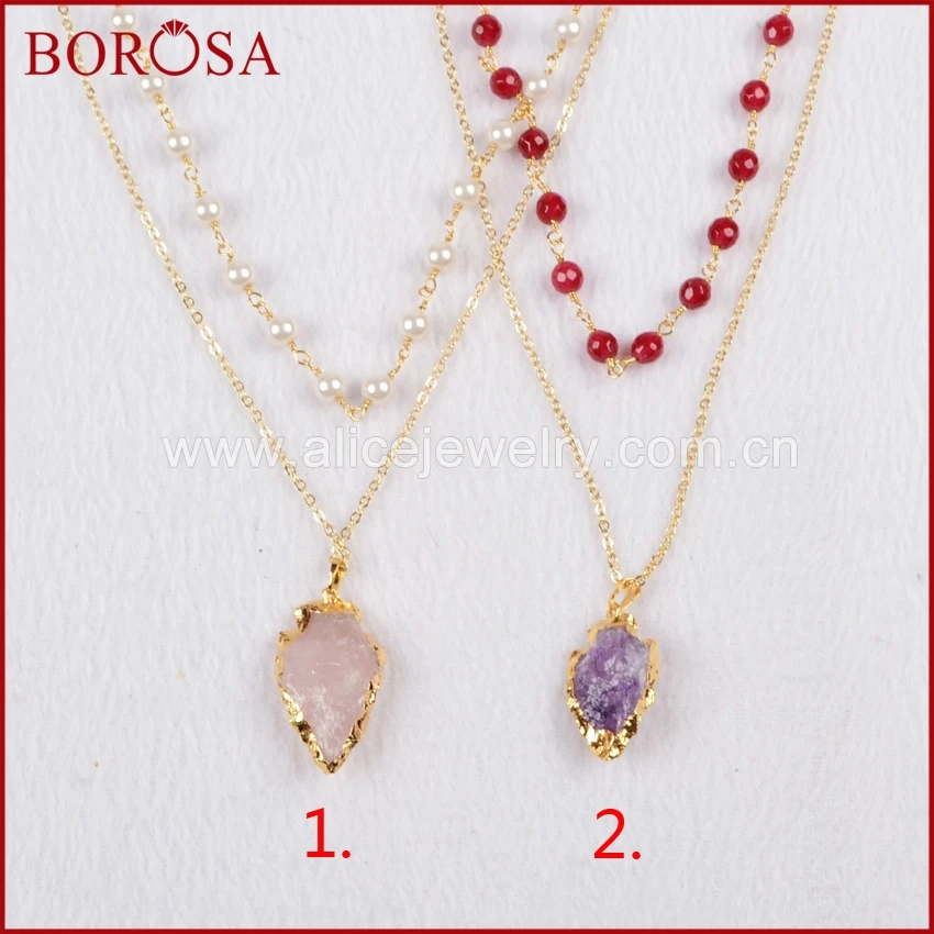 

BOROSA 5PCS Gold Color Rough Natural Purple Crystal Pink Quartz Arrowhead Layer Necklace With 6mm Mixed Stone Beads G0761