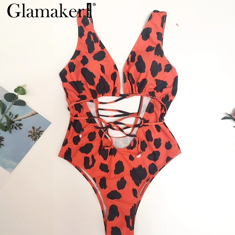 Glamaker Leopard print one-piece suits bodysuit Bandage sexy Push up bodysuit summer Women string high cut bathing suit bodysuit