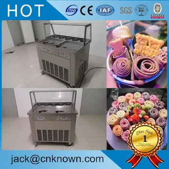 

R410A Refrigerant thailand style roll fry ice cream machine with flat table and 5 tooping fruit pans