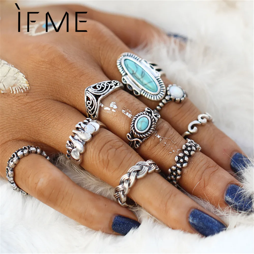 

IF ME Vintage Elephant Ring Sets for Women Retro Antique Silver Color Opal Blue Stone Flower Rings Midi Knuckle Finger Jewelry