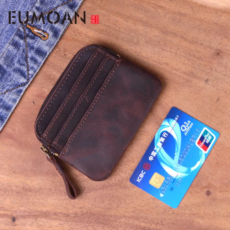 

EUMOAN Crazy horse leather retro men's leather wallet cowhide mini coin purse women's card bag zipper coin bag