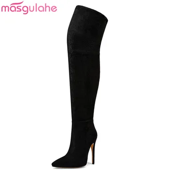 

Masgulahe 2019 hot sale suede leather women over the knee boots pointed toe zip sexy Stretch boots high heels shoes woman