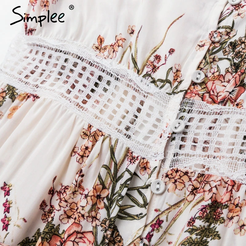 Simplee Strap floral print boho dress women Hollow out lace summer dress female V neck streetwear midi casual dress vestidos