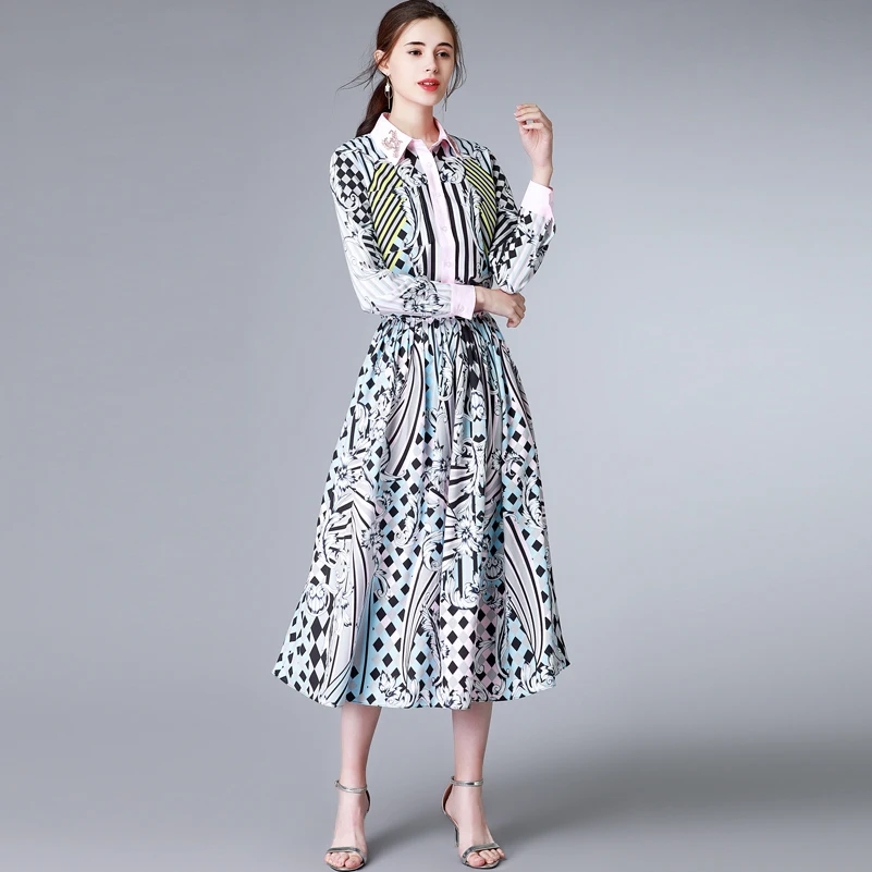 

High-quality new designer fashion runway Suit sets Women's long-sleeved Crystal shirt + retro print skirt 2 piece set