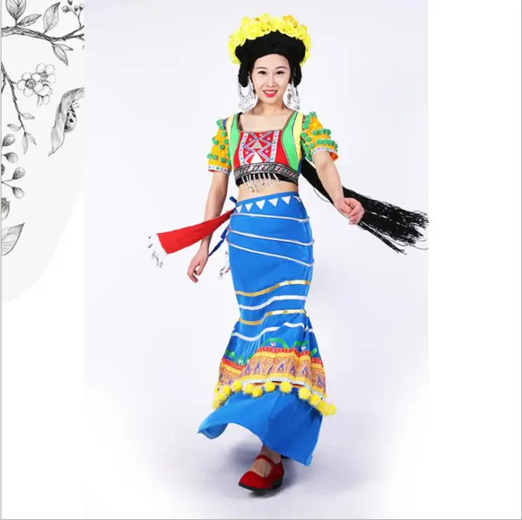 YunNan Provincie Achang Nationaliteit vrouwen Dansen Kostuum Achang Ras Kleding Chinese Etnische Minderheid Outfit Hat + Top + Rok YunNan Provincie Achang Nationaliteit vrouwen Dansen Kostuum Achang Ras Kleding Chinese Etnische Minderheid Outfit Hat + Top + Rok