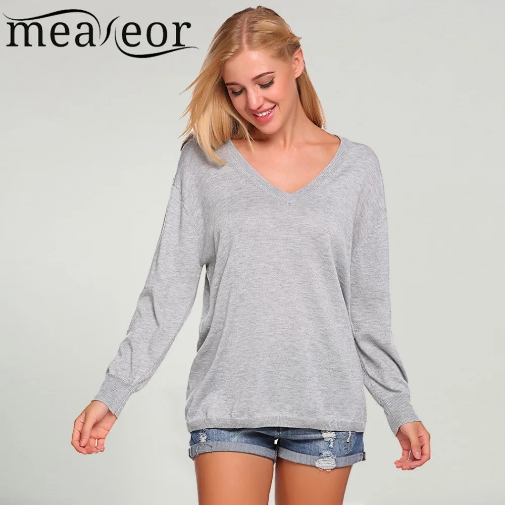 Meaneor Women Basic Sweater Autumn Casual V Neck Long Sleeve Ribbed