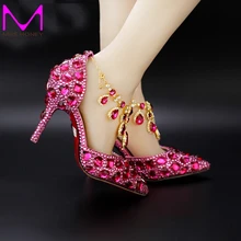 Fuchsia Rhinestone Pointed Toe Bride Shoes Summer Women’s Luxury Crystal Wedding Shoes Genuine Leather Party Pumps Ankle Strap