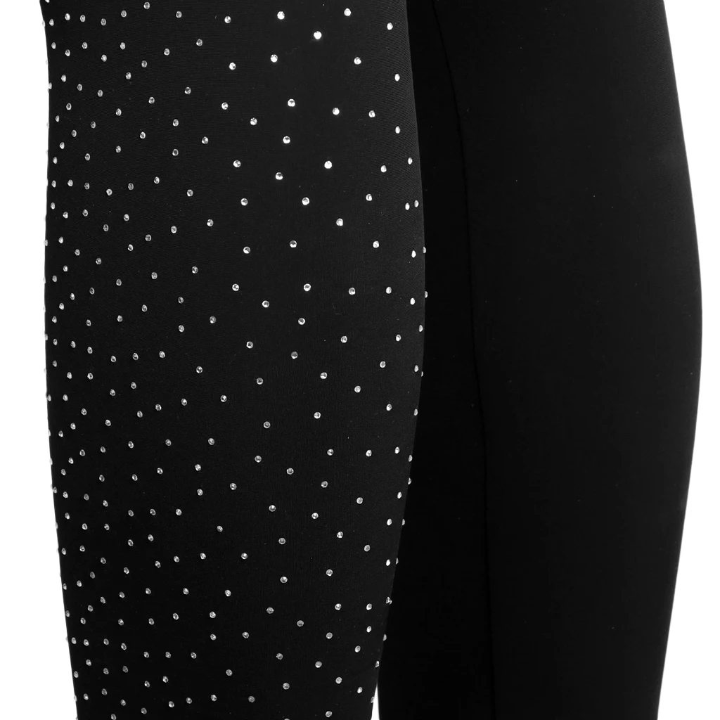 Womens Girls Ice Figure Skating Practice Long Pants Skate Footless Tights Leggings Black with Crystal