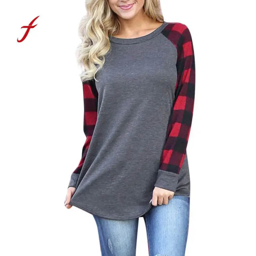 

Women Plus Large Size O-Neck Lattice Plaid Splice Patchwork Sweatshirt Pullover Tops Spring Fall Casual Clothes 2XL-5XL