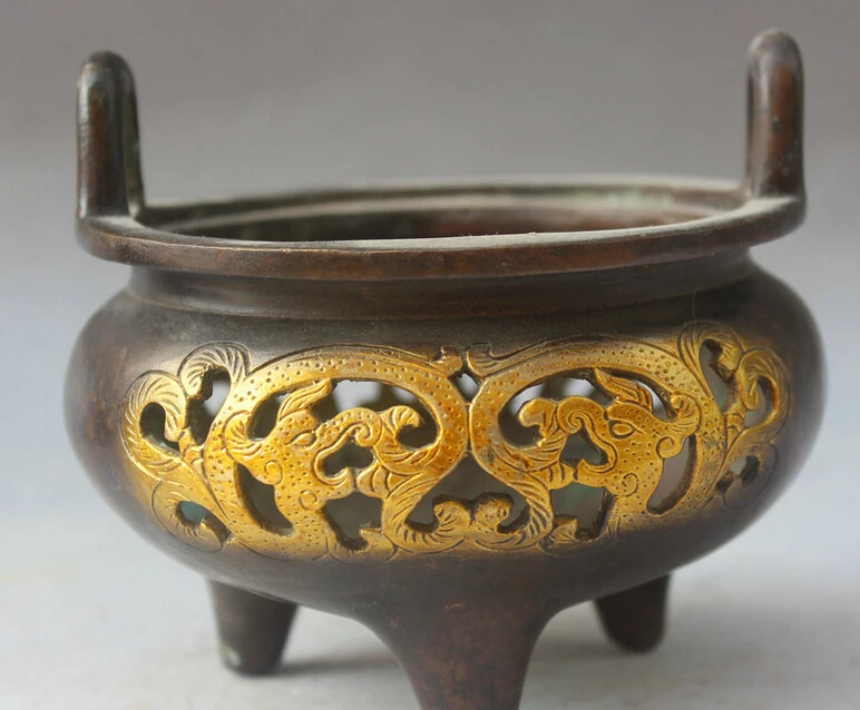 

5" Marked Chinese Dyansty Bronze Gilt 3 Foot Dragon Beast Incense Burner Censer R0710