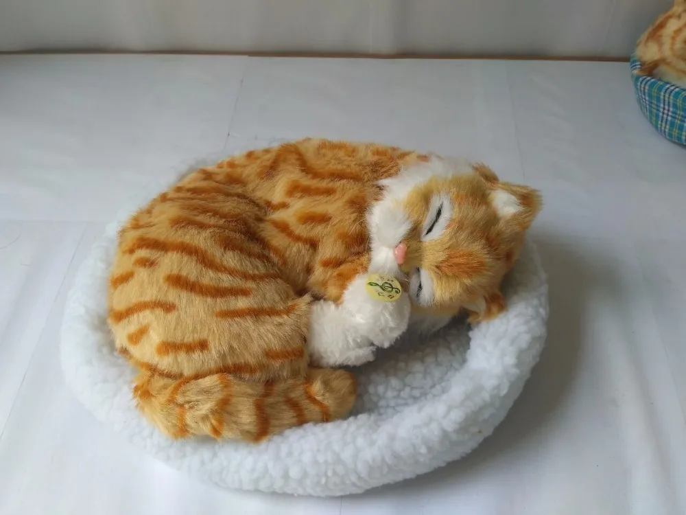 simulation sleeping cat model on a mat resin&fur breathing yellow